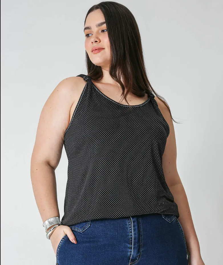 Women’s Plus Size Lurex Shine Top with Front Knot – Black